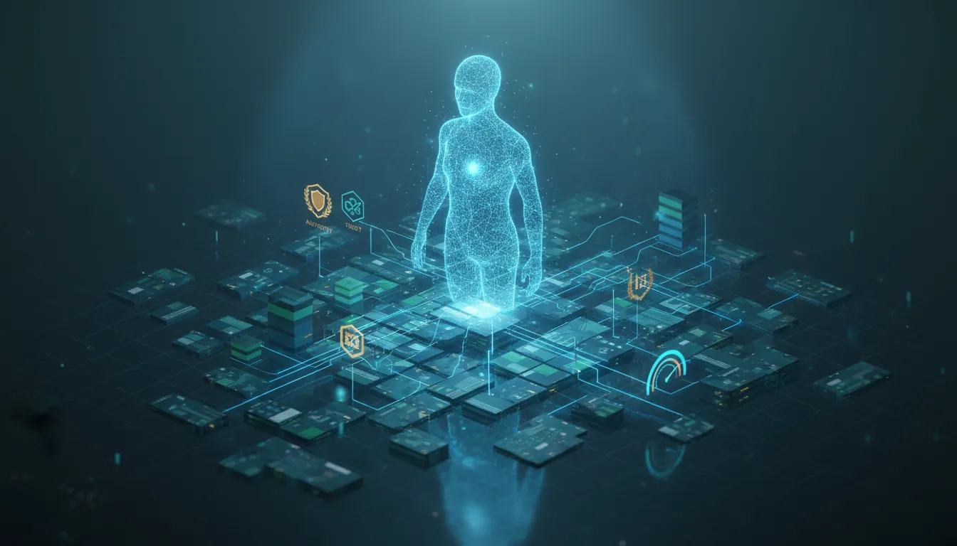 Abstract holographic AI analyzing a network of floating web pages and citation links, visualizing ranking signals such as domain authority badges, brand tokens, layered content depth, and a page-speed gauge.