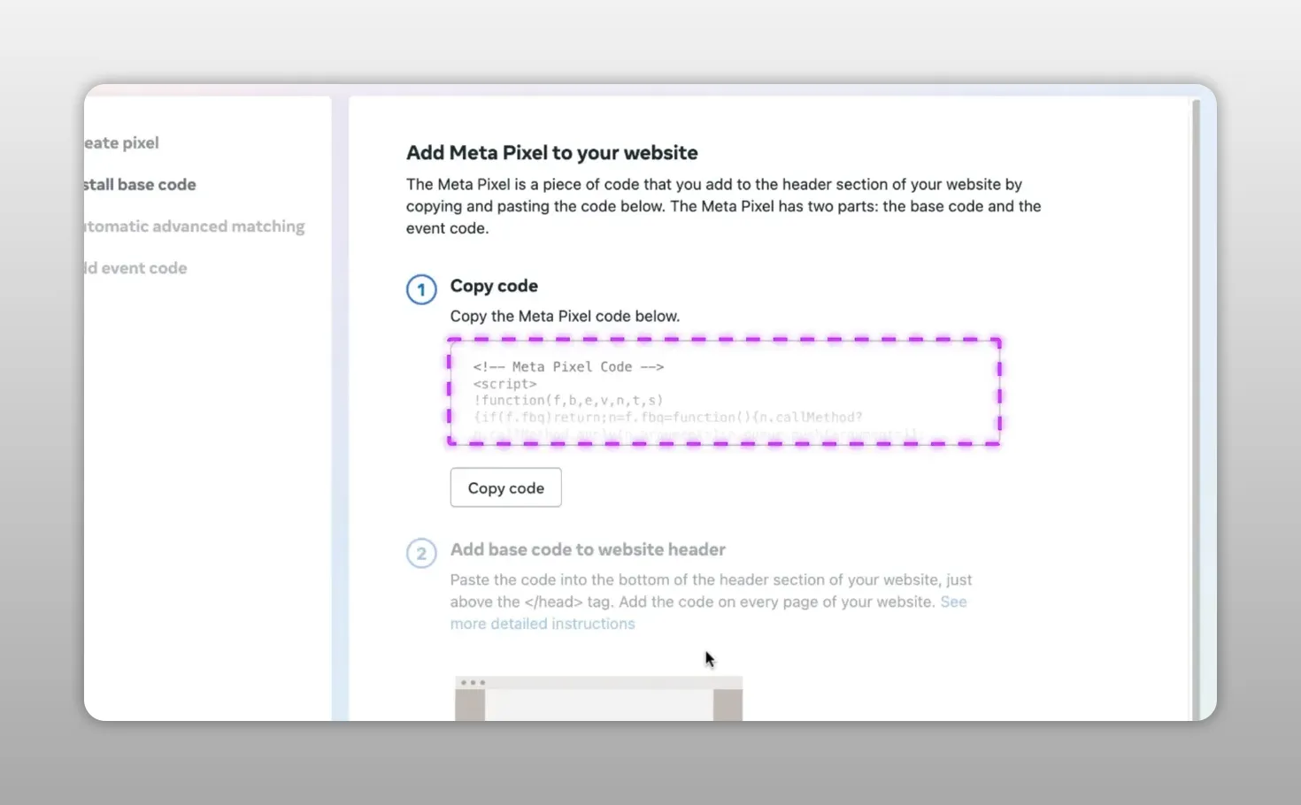 Giao diện Meta hướng dẫn sao chép mã Meta Pixel để thêm vào website