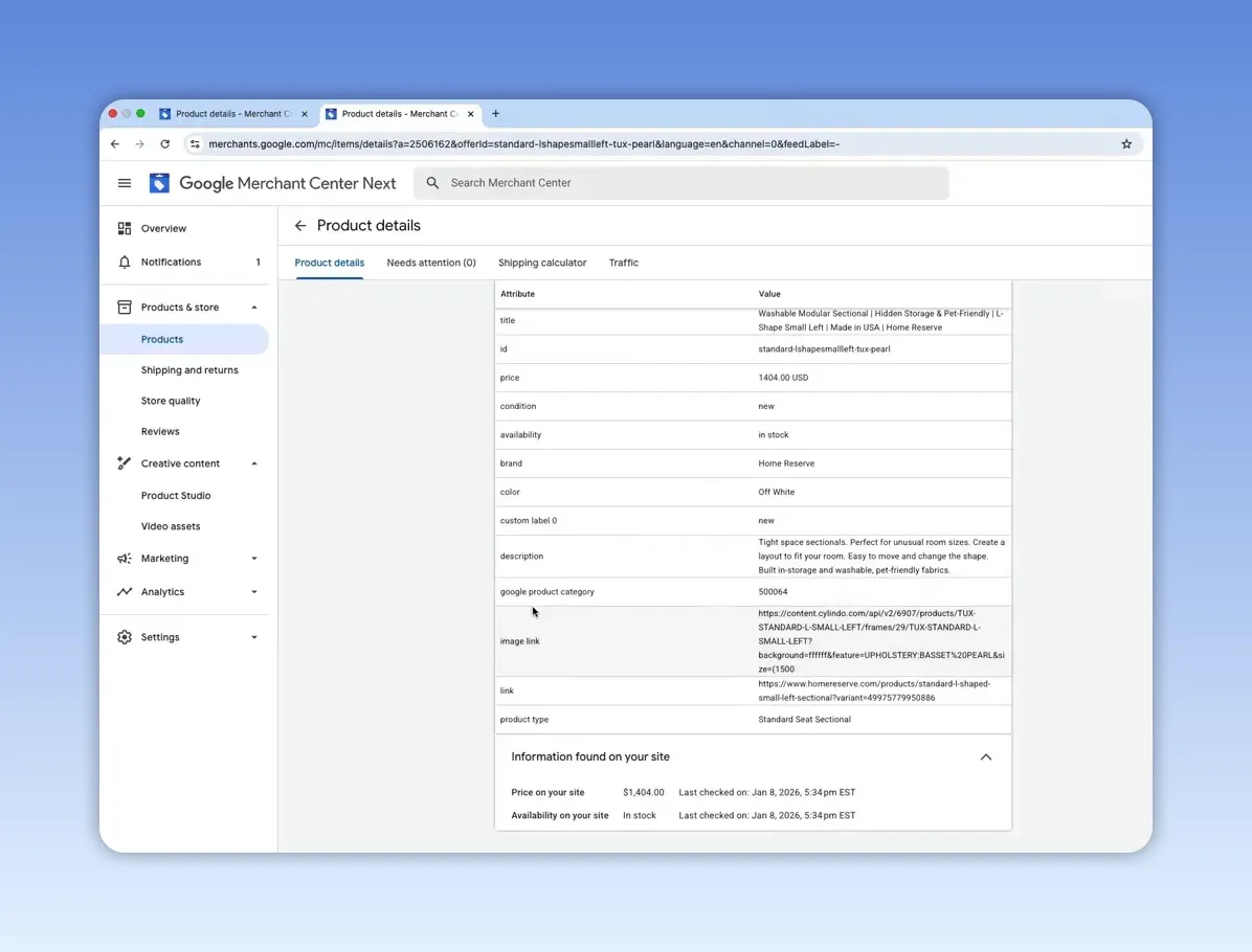 Merchant Center product details showing attribute table with custom_label_0, price, description and image link