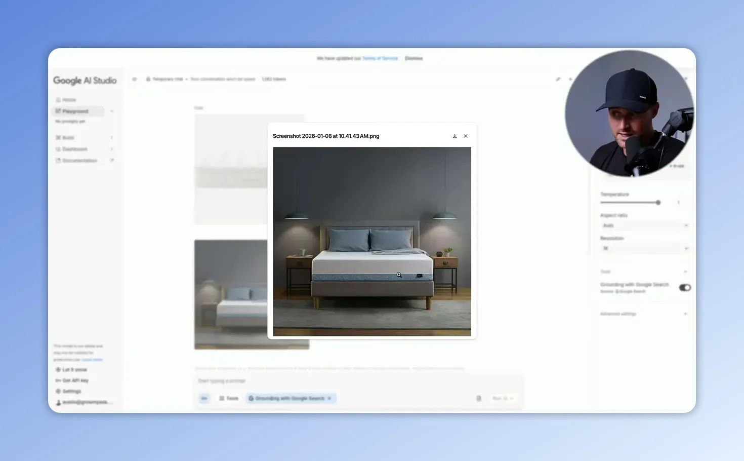 Google AI Studio modal showing a clear lifestyle bedroom image of a mattress in front of a gray wall, over a blurred UI with a presenter overlay.