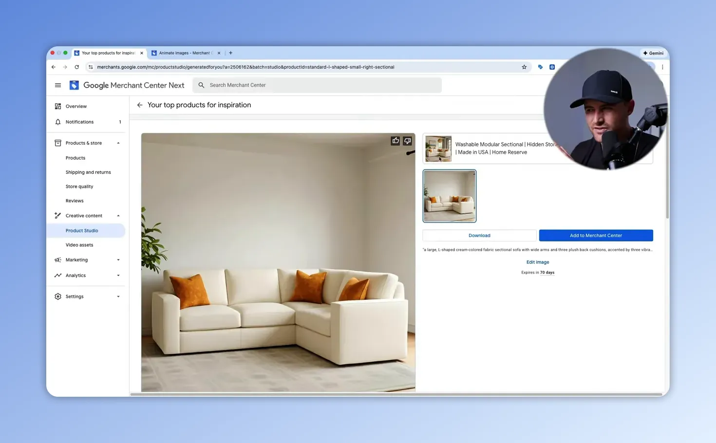 Google Merchant Center Product Studio showing a full-size generated sofa image with add to Merchant center button