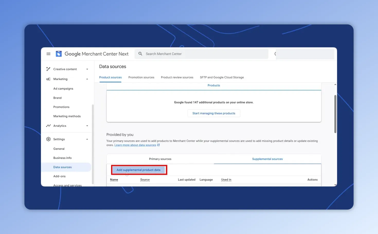 Google Merchant Center Data sources page with 'Add supplemental product data' button highlighted