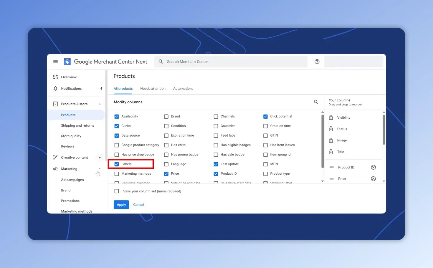 Merchant Center Modify columns dialog with the 'Labels' checkbox selected