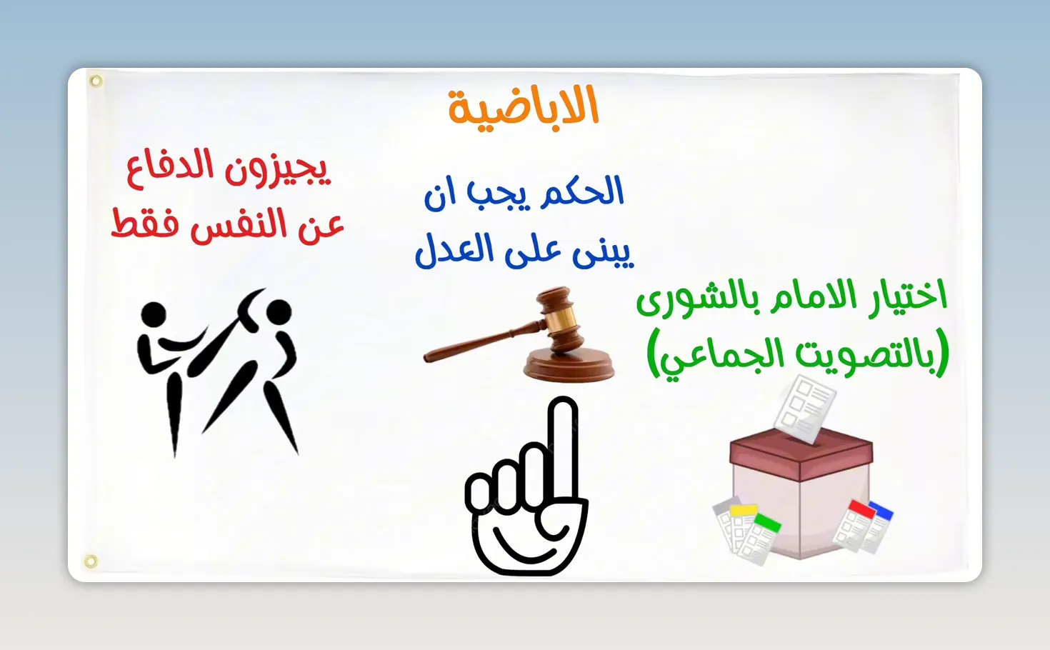شريحة عن الإباضية توضح الشورى والعدل والدفاع عن النفس فقط