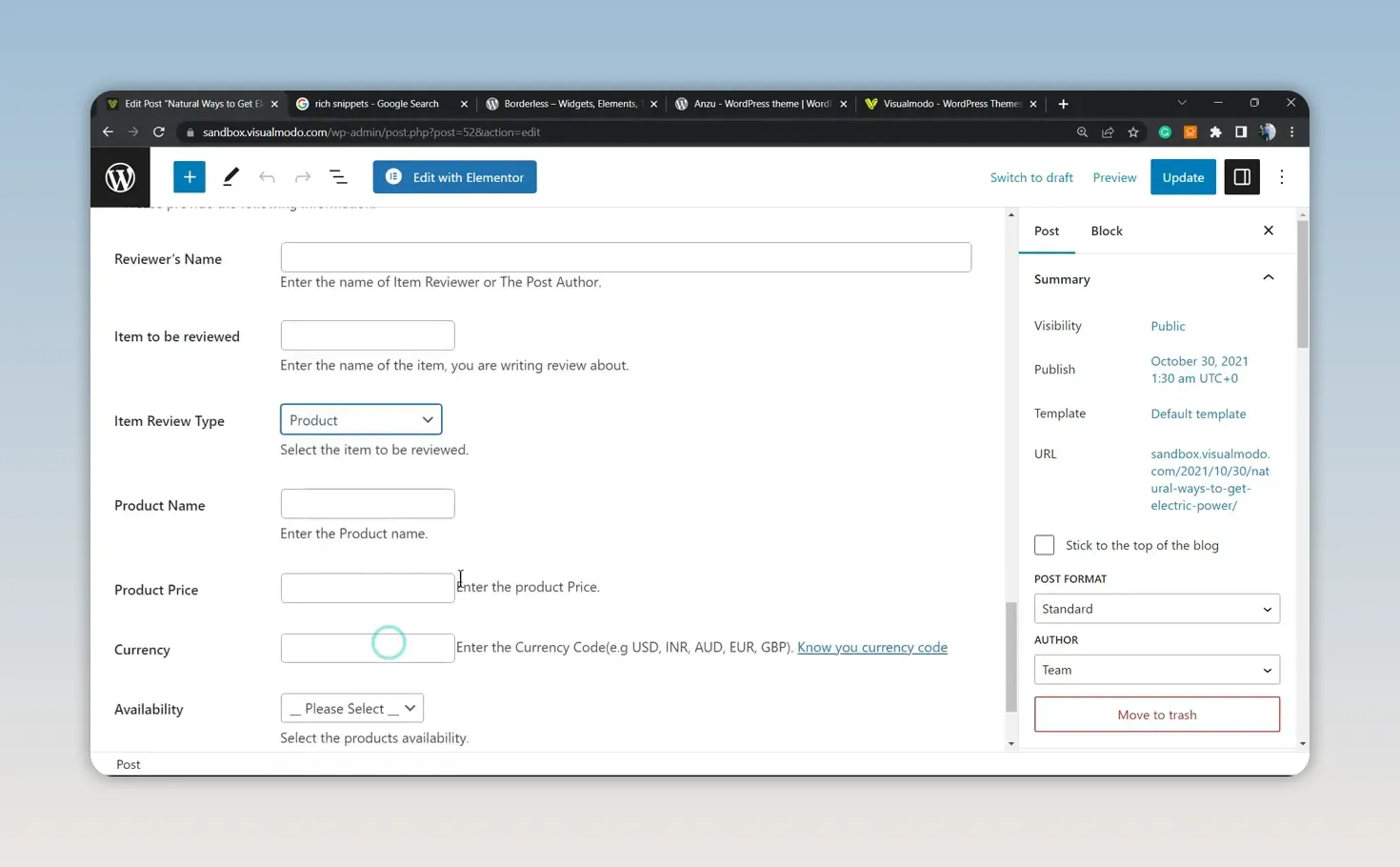 Biểu mẫu Schema Product trong trình chỉnh sửa WordPress với các trường tên, giá, tiền tệ và tình trạng còn hàng