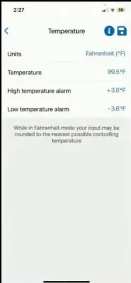Temperature and humidity settings screen in Brinsea app