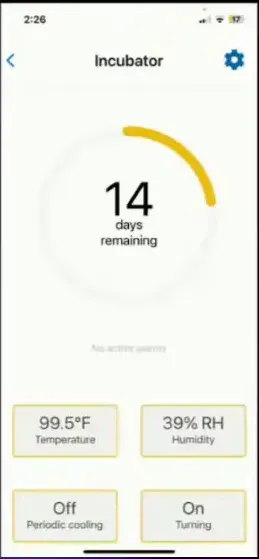 Brinsea app showing no active alarms and temperature/humidity status