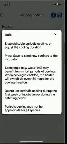 Periodic cooling feature settings in Brinsea app