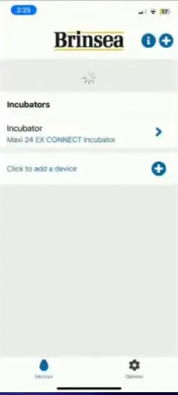 Brinsea Connect app home screen showing connected incubator
