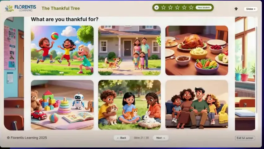 Virtual lesson slide titled 'The Thankful Tree' showing picture prompts for a gratitude activity with teacher video thumbnails
