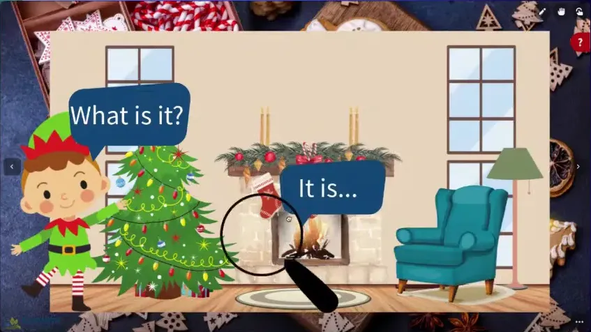 Virtual lesson screenshot showing an elf and decorated Christmas tree with speech bubbles reading 'What is it?' and 'It is...' plus a magnifying glass and two teacher video thumbnails