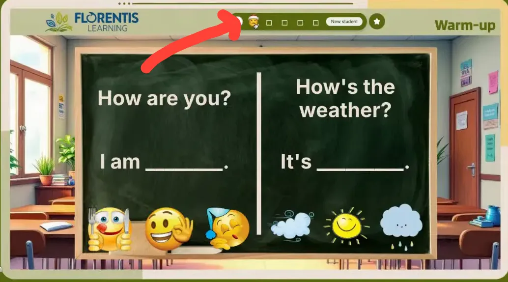 Chalkboard warm-up slide showing sentence stems and emoji/weather icons to cue responses