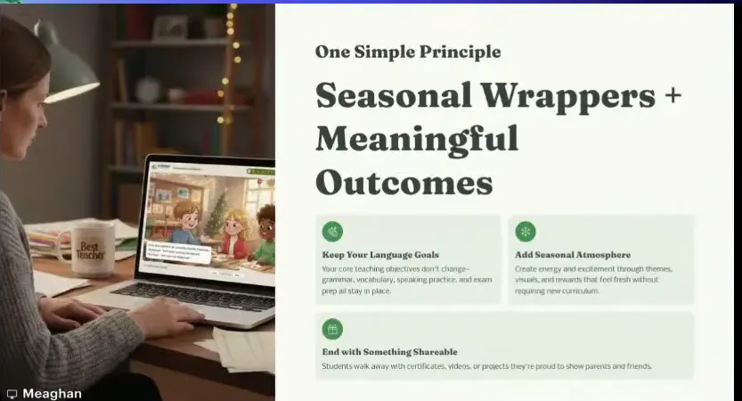 Clear webinar slide reading 'Seasonal Wrappers + Meaningful Outcomes' displayed beside two speaker video thumbnails
