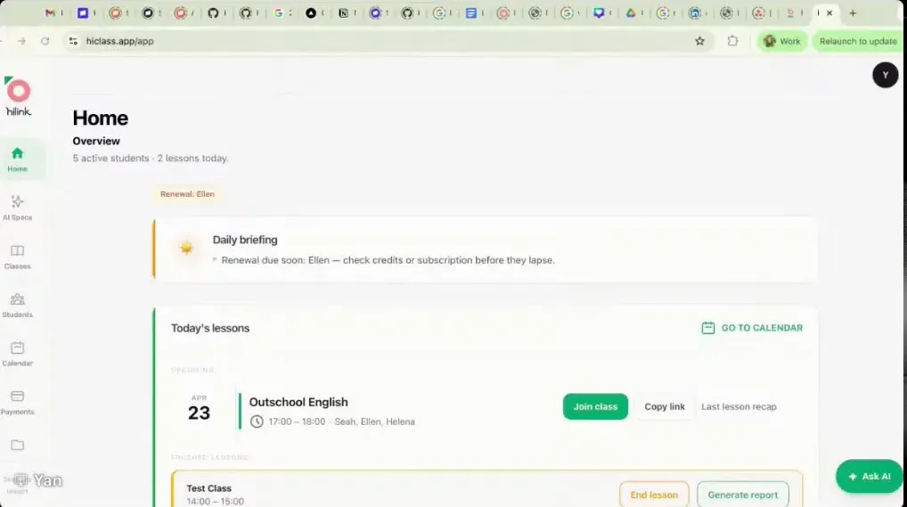 HiClass dashboard daily briefing showing a renewal reminder due soon