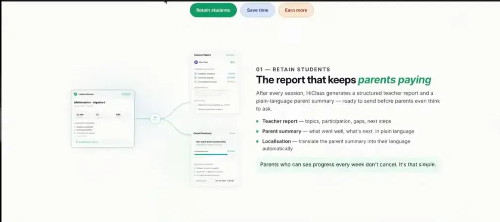 Screenshot of HiClass overview slide titled “The report that keeps parents paying”