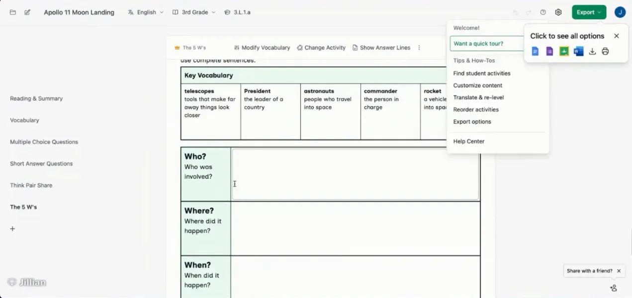 Generated lesson summary and vocabulary for moon landing topic
