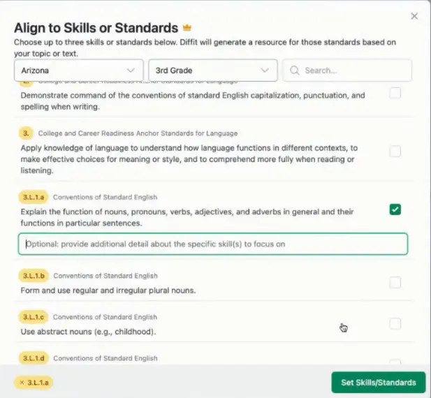 Selecting language, grade and state standards in Diffit