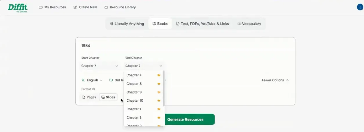 Selecting book chapters to generate lesson materials