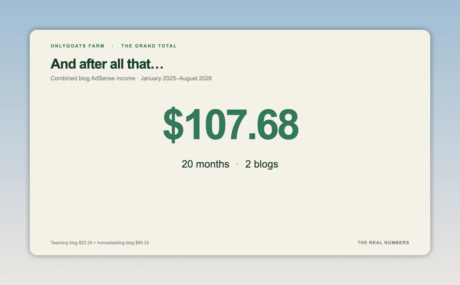 Slide showing a combined AdSense total of 107 dollars and 68 cents across 20 months and two blogs