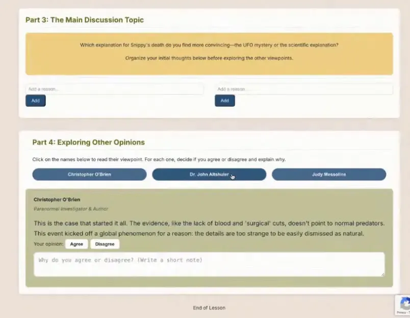 Lesson layout showing vocabulary, summary, and main discussion question