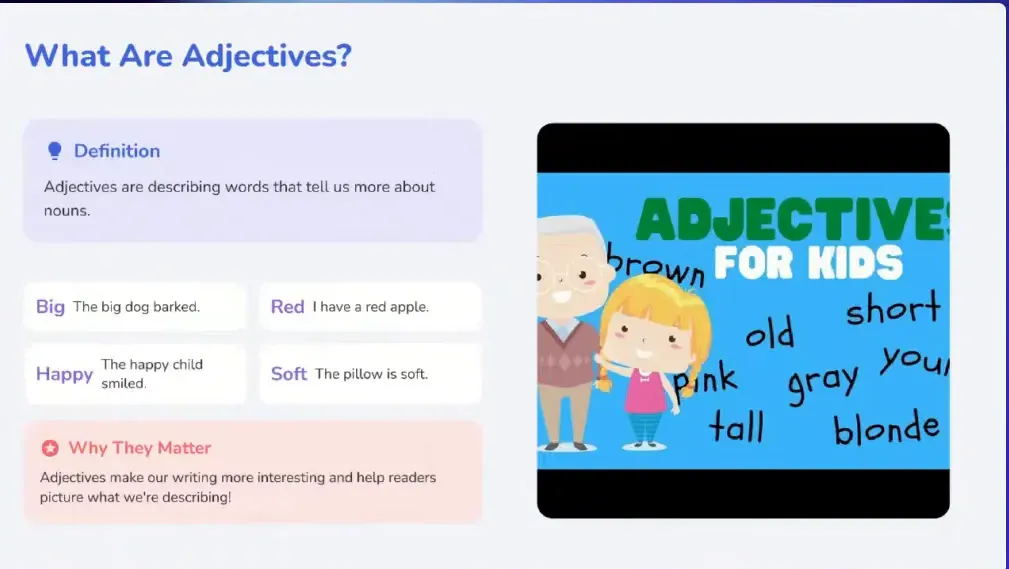 Presentation slide titled 'Adjective Adventure' showing teacher asking students 'What are adjectives?'