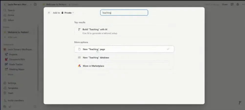 Creating a new page in Notion private workspace