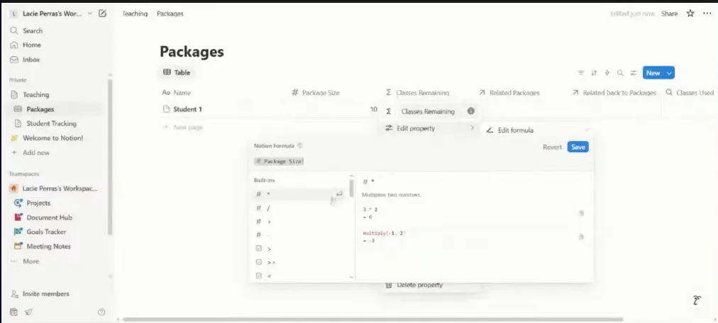 Setting formula for classes remaining in packages database