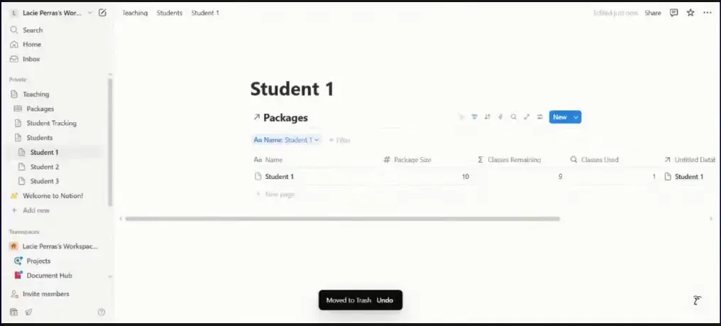 Filtered linked view of packages for individual student page