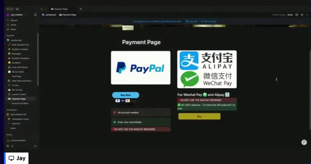 Payment page with PayPal and WeChat Pay links embedded in Notion