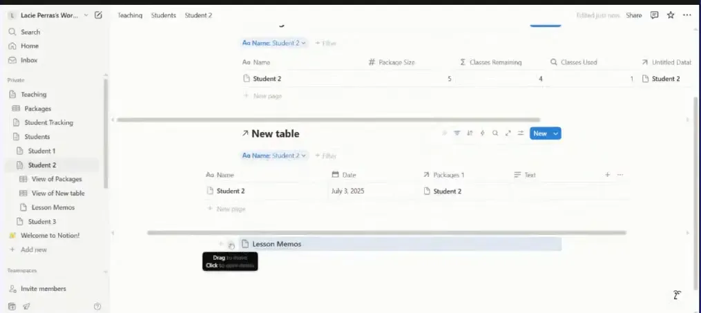 Lesson memos page with toggle lists and AI notes in Notion