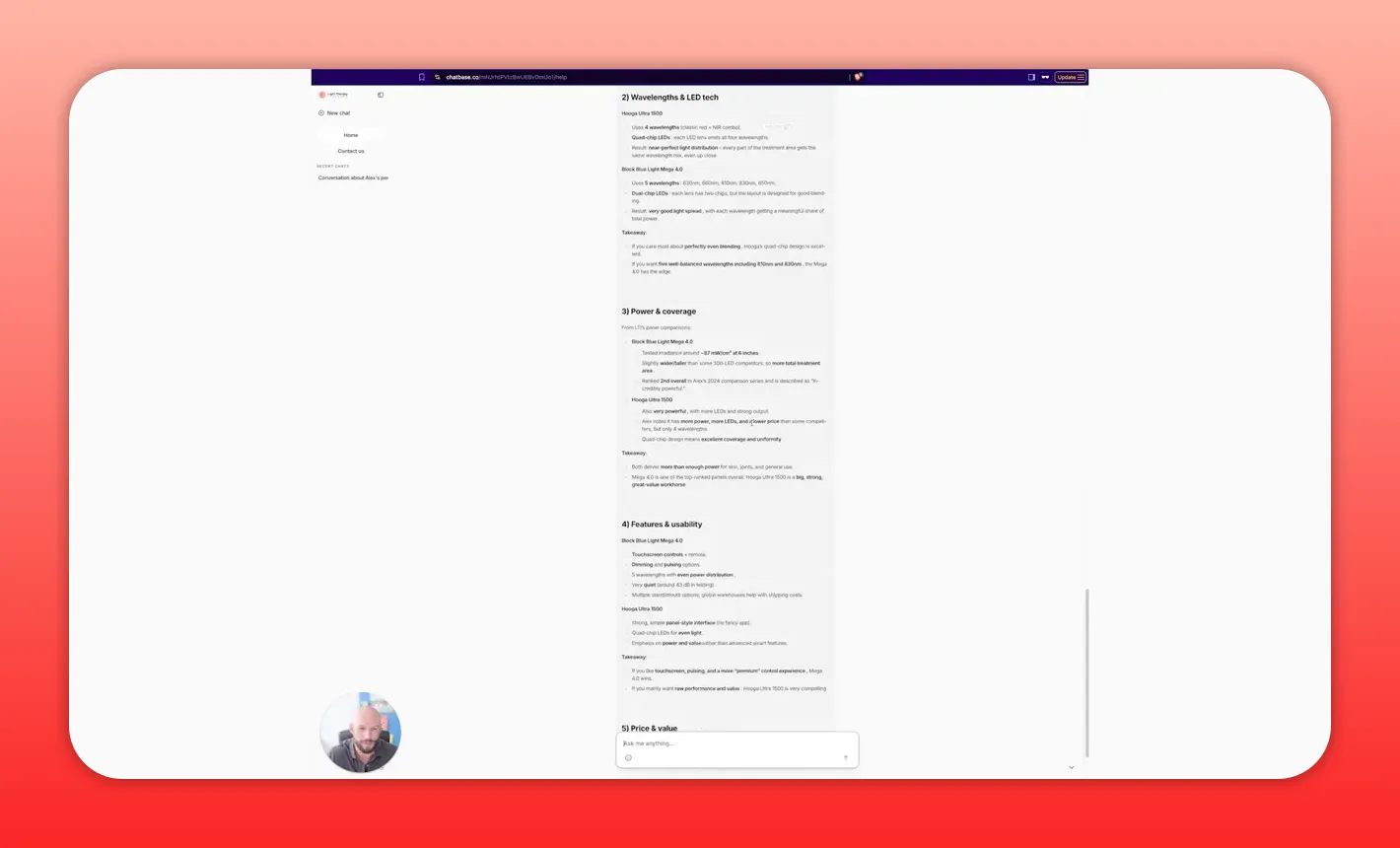 Clear screenshot of the red light therapy assistant showing wavelengths, power and features comparison