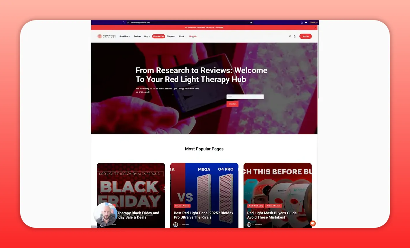 Light Therapy Insiders homepage hero with headline 'From Research to Reviews: Welcome To Your Red Light Therapy Hub' and visible signup box.