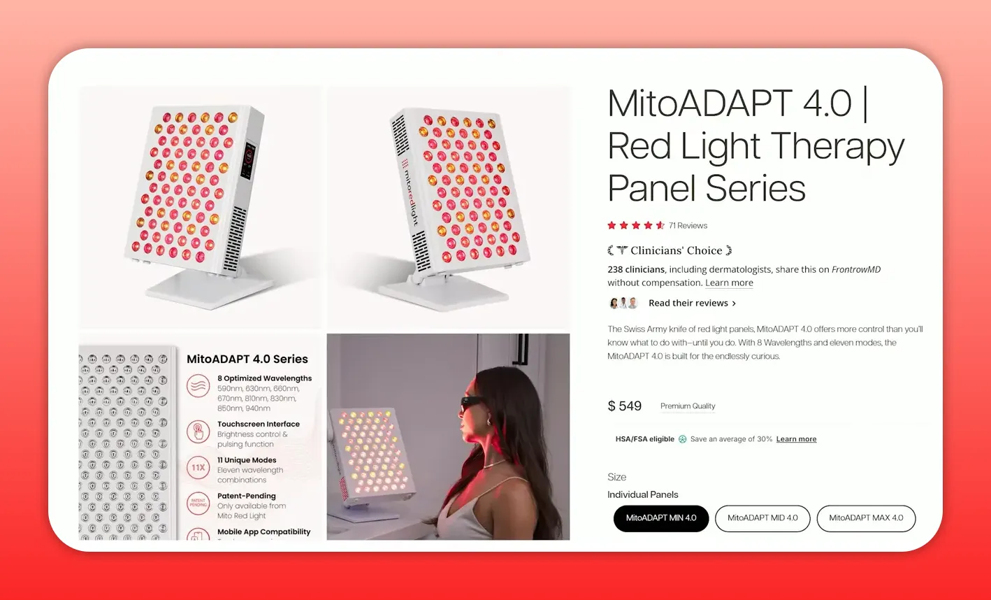 MitoADAPT 4.0 product page with images of the panel, wavelength icons and a user using the panel