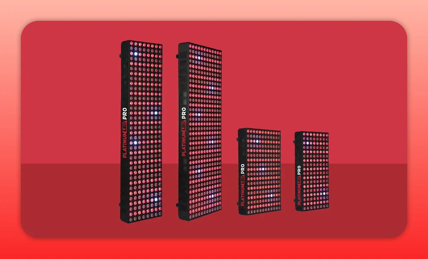 PlatinumLED Biomax Pro panels lineup showing four panel sizes with red and near-infrared LEDs on a red background