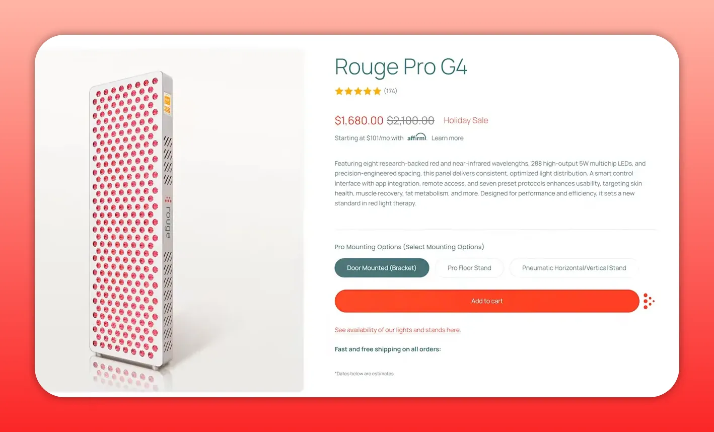 Rouge Pro G4 product page showing the vertical panel image, title, price and product information