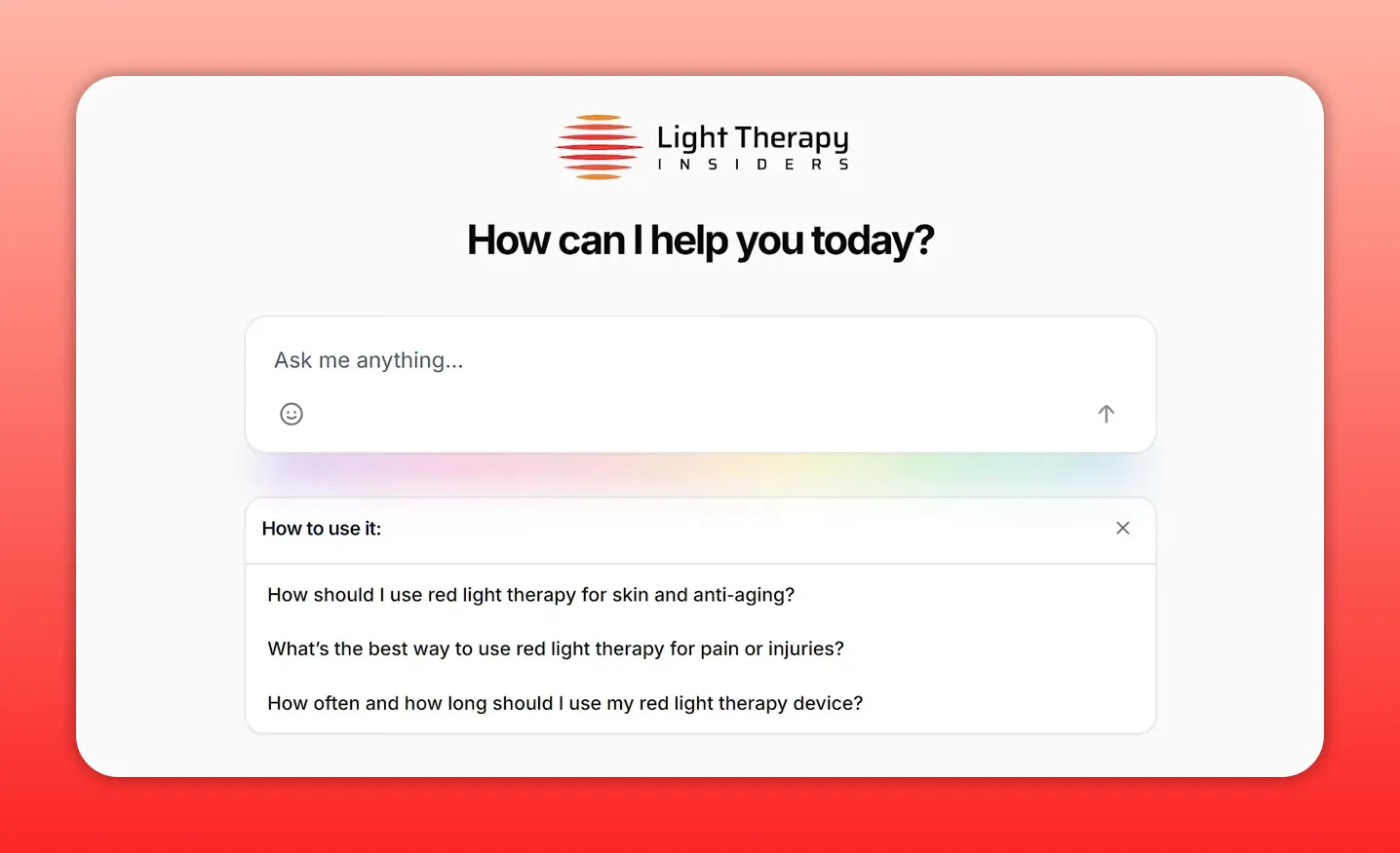 AI assistant interface titled 'How can I help you today?' with suggested red light therapy questions