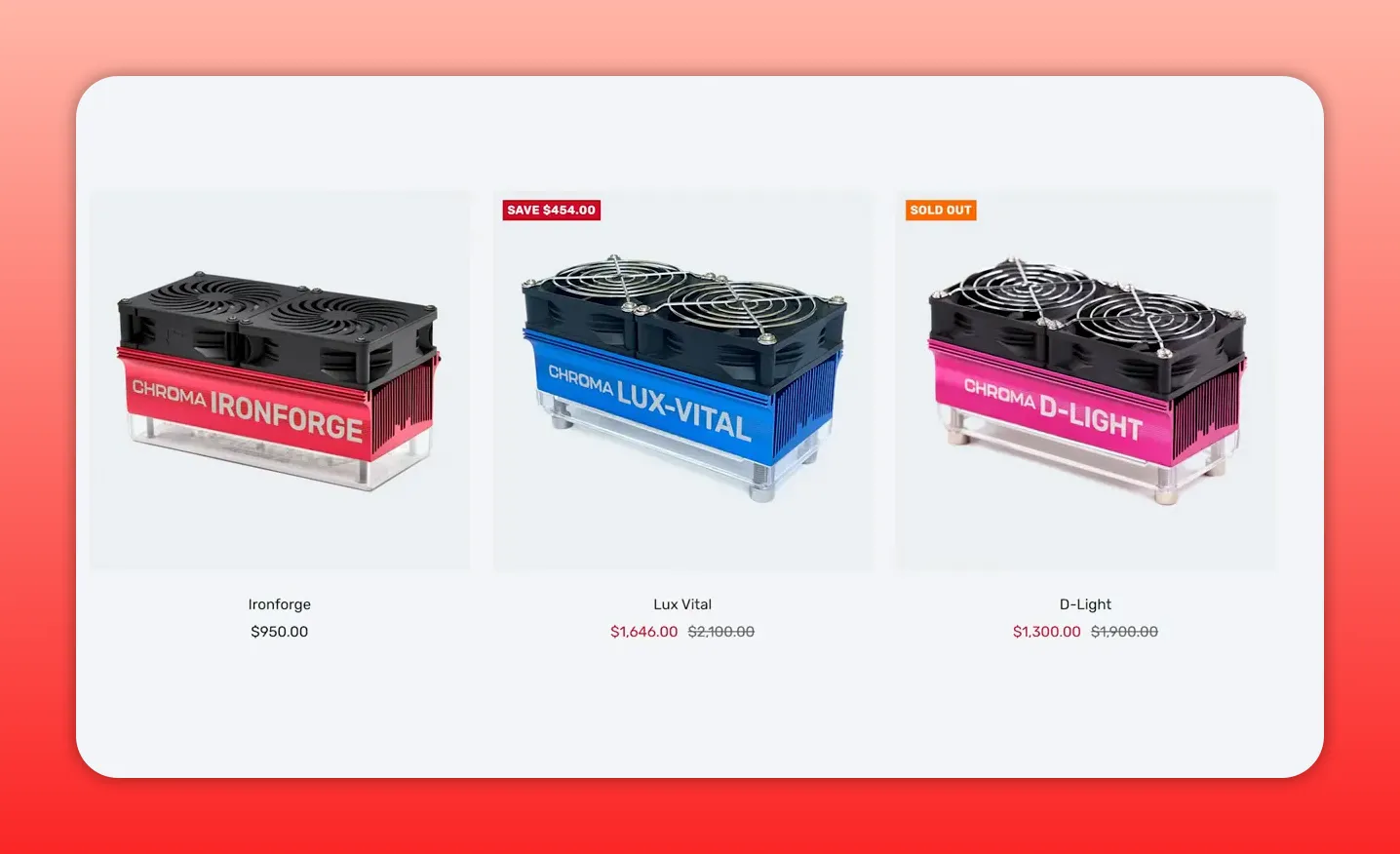 Three Chroma device modules (Ironforge, Lux-Vital, D-Light) displayed as product shots