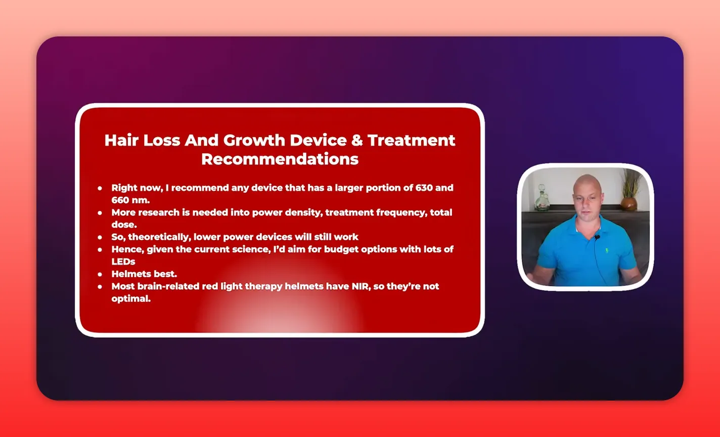 High-contrast slide titled 'Hair Loss And Growth Device & Treatment Recommendations' with legible bullets and presenter inset, good clarity.