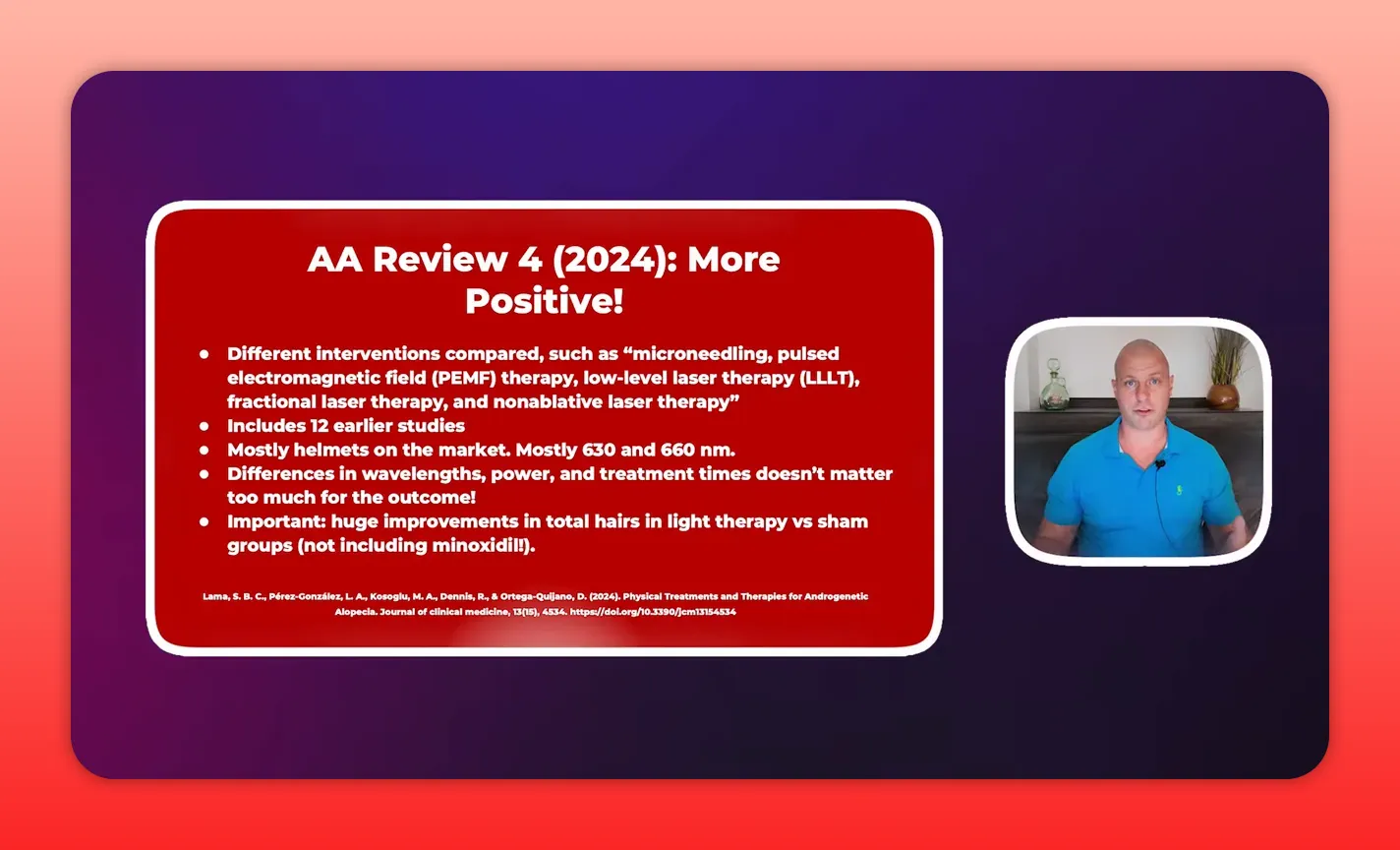 High-contrast presentation slide titled 'AA Review 4 (2024): More Positive!' with bullets including 'Mostly helmets on the market. Mostly 630 and 660 nm.' and a presenter inset.