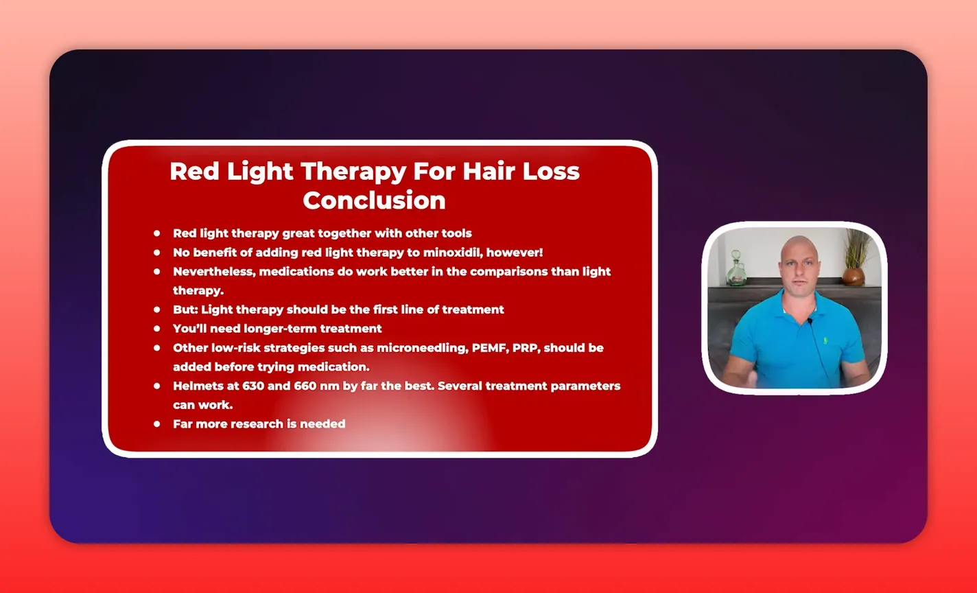 High-clarity slide titled 'Red Light Therapy For Hair Loss Conclusion' showing bulleted conclusions and a clear presenter inset on the right.