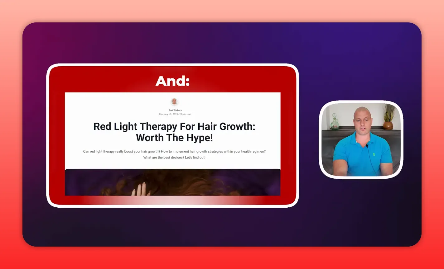 Clear screenshot of a webpage headline 'Red Light Therapy For Hair Growth: Worth The Hype!' with presenter thumbnail at right against a purple background.