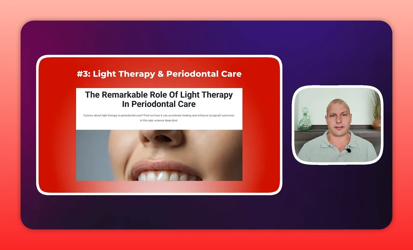 Sharp presentation slide 'Light Therapy & Periodontal Care' with an illustrative close-up of teeth and a small presenter inset — clear and high quality.