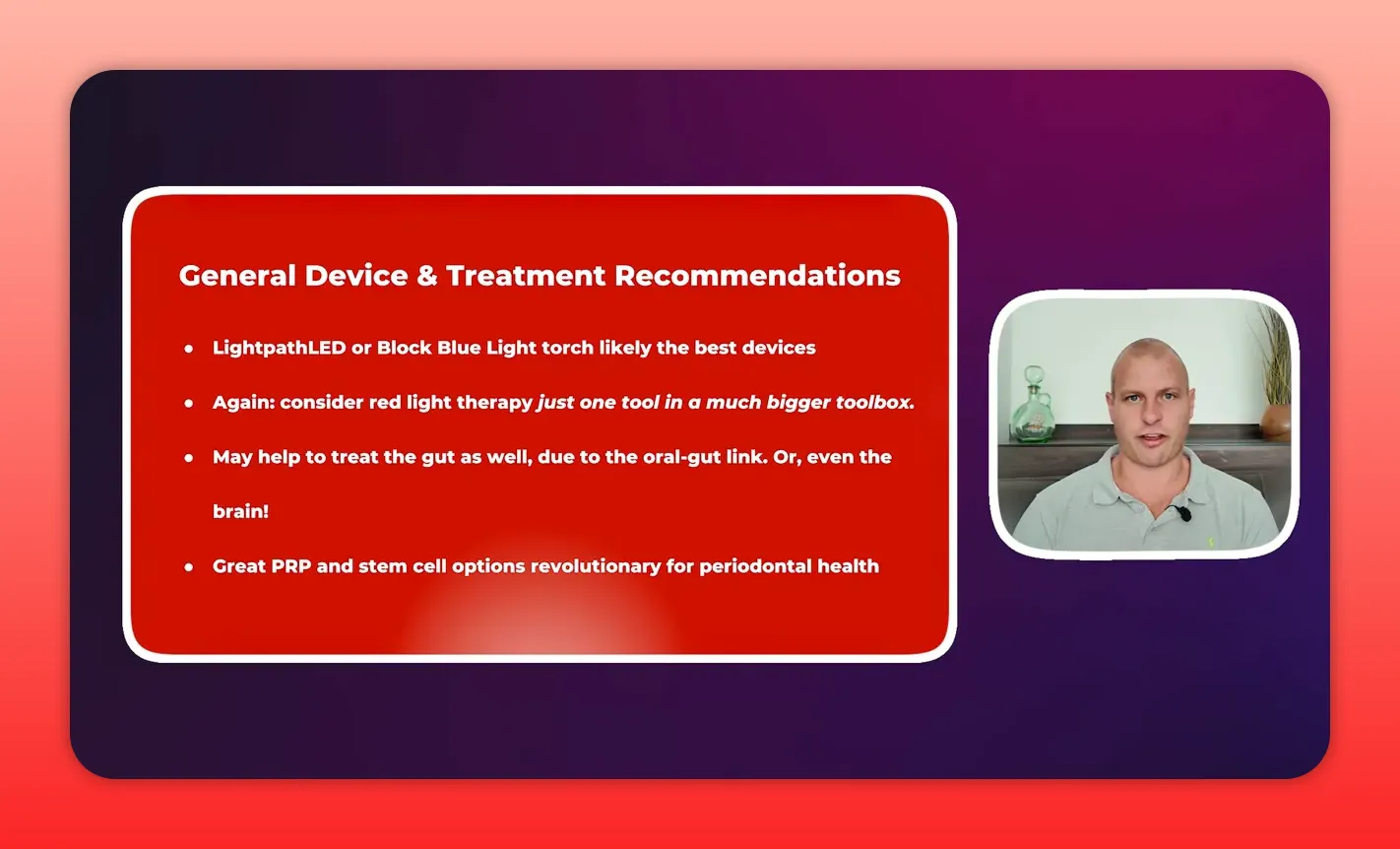 Clear slide titled 'General Device & Treatment Recommendations' with bulleted recommendations and a presenter inset facing the camera.