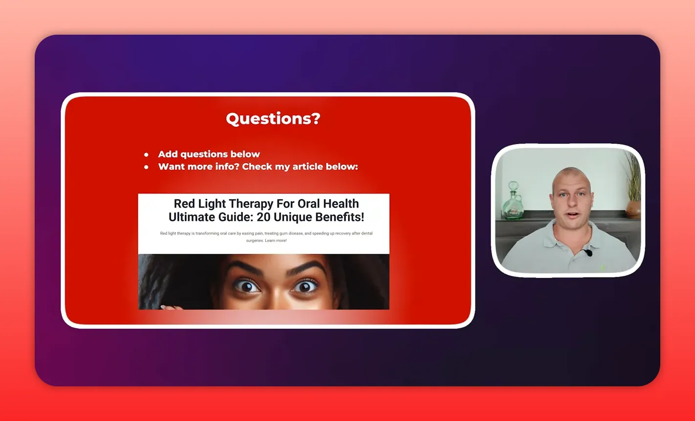 Questions slide linking to 'Red Light Therapy For Oral Health' article with presenter inset