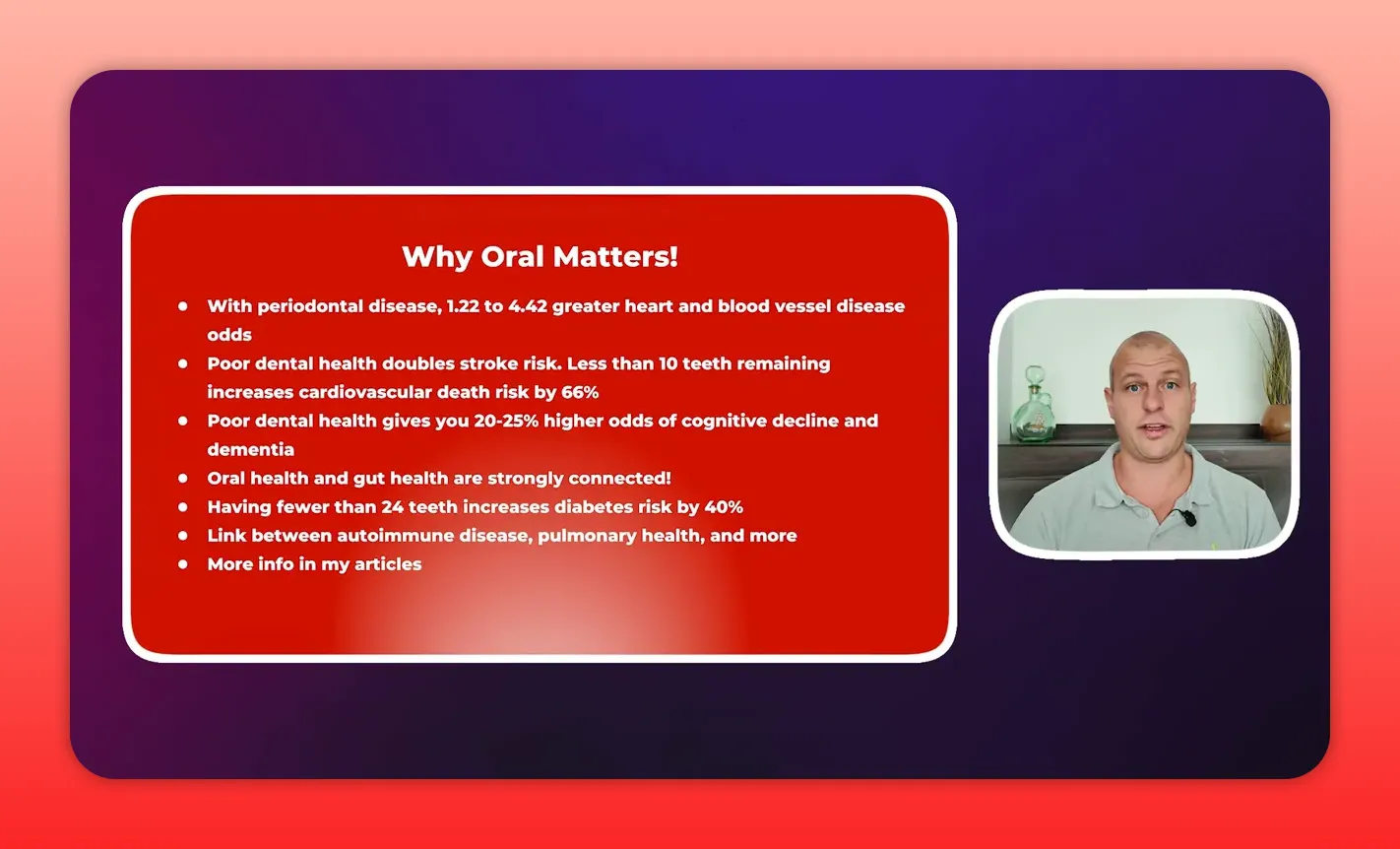 High-clarity slide 'Why Oral Matters!' listing risks associated with poor dental health and a clear presenter inset on the right.