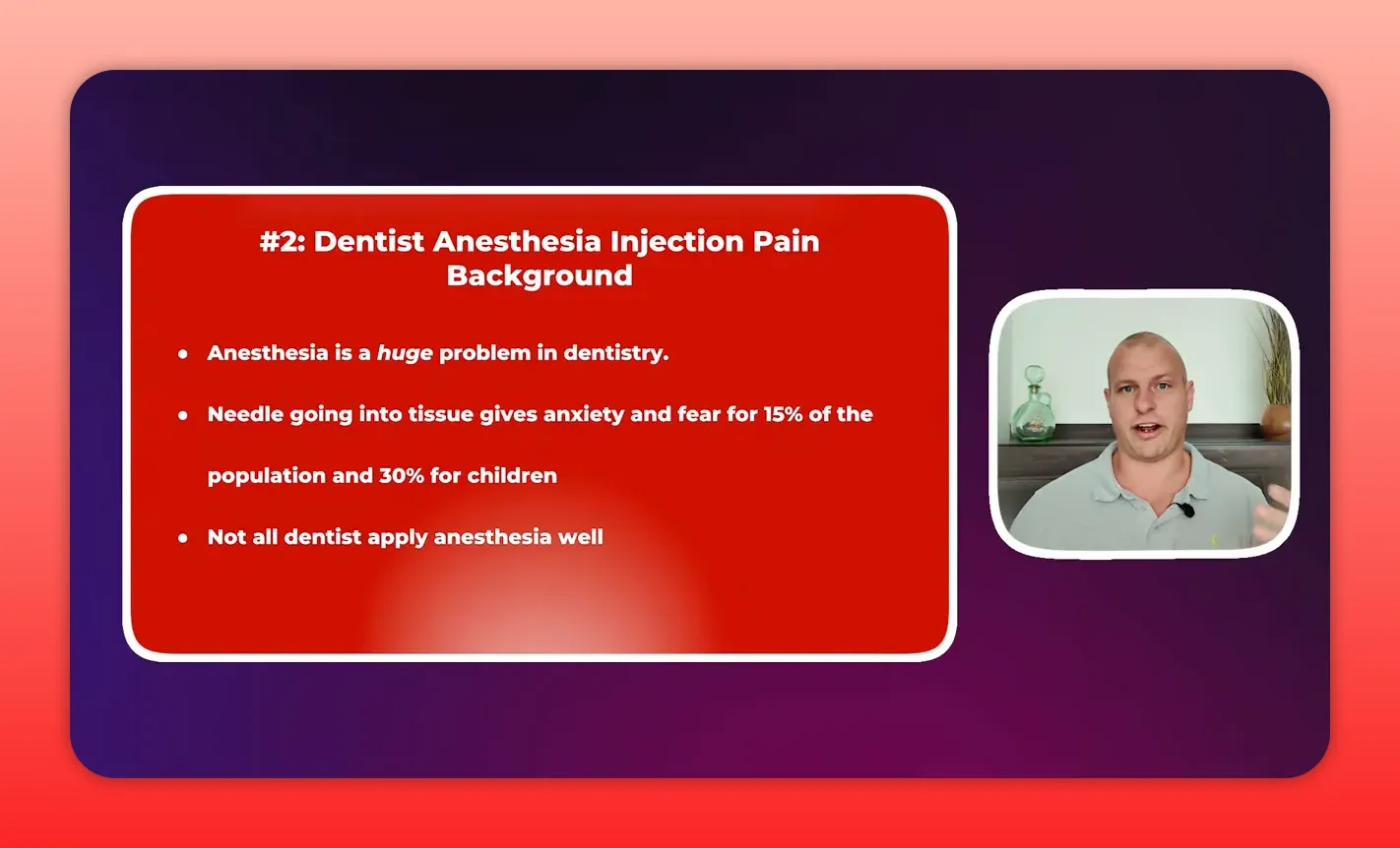 Clear presentation slide 'Dentist Anesthesia Injection Pain Background' showing bullet points and a small speaker inset