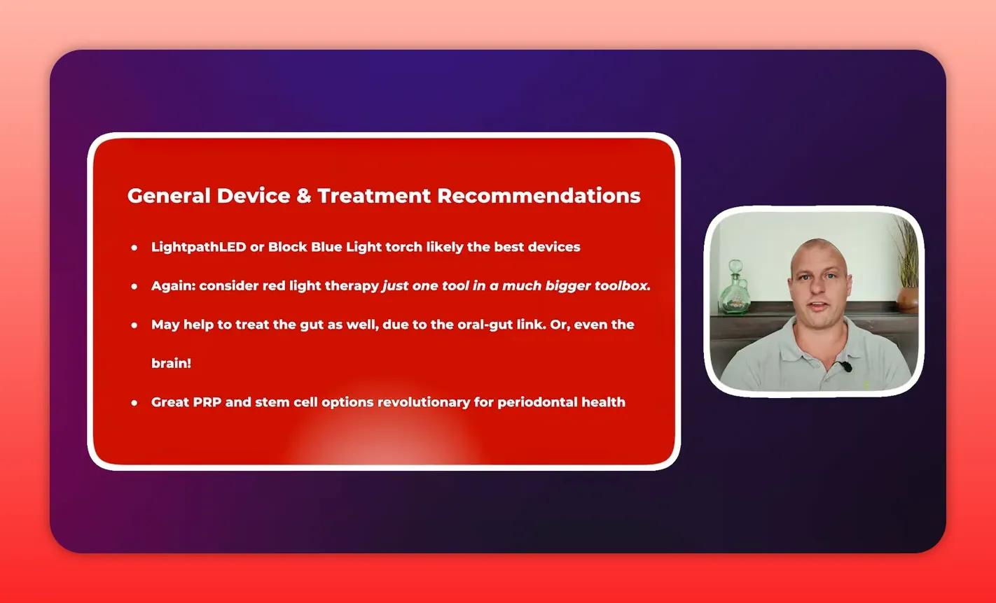 Clear presentation slide 'General Device & Treatment Recommendations' with presenter inset