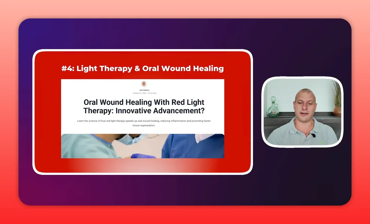 Clear slide with article headline 'Oral Wound Healing With Red Light Therapy' and presenter video inset