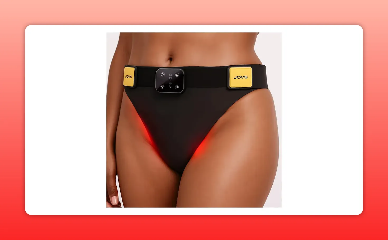 close-up of JOVS red light therapy underwear worn on model showing red LEDs at the pelvic area