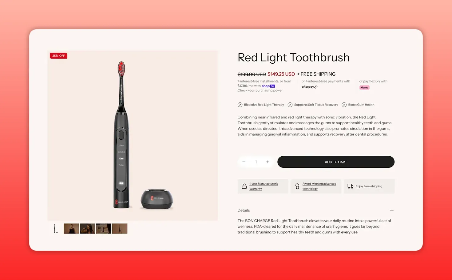Boncharge red light toothbrush product page showing the toothbrush, charger, price and product description